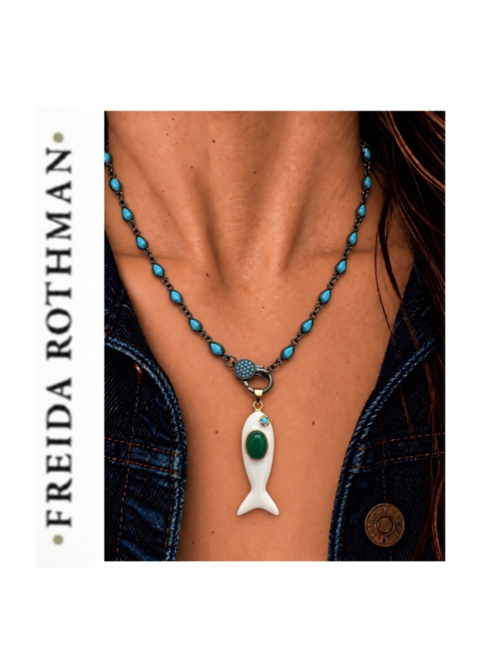 Freida Rothman Turquoise Teardrop Black Rhodium Necklace with White Enamel Fish